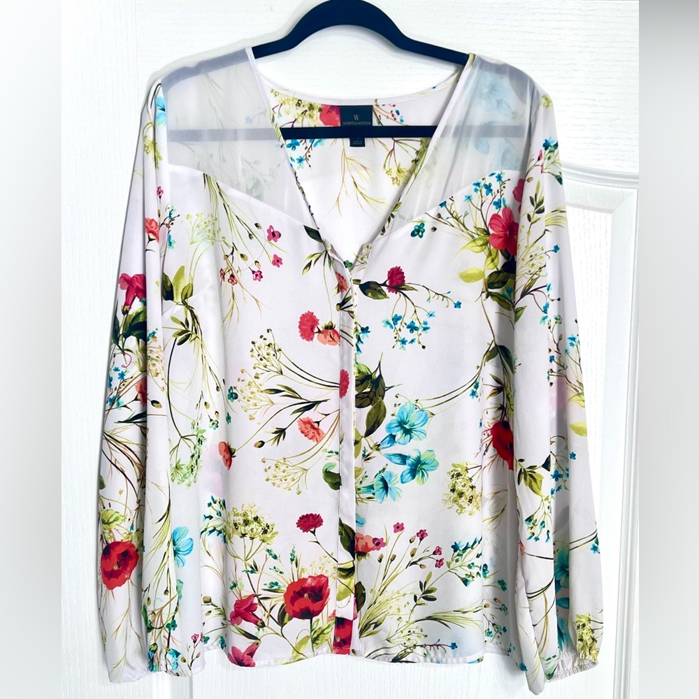 Worthington White Floral Sheer Women's Top XL